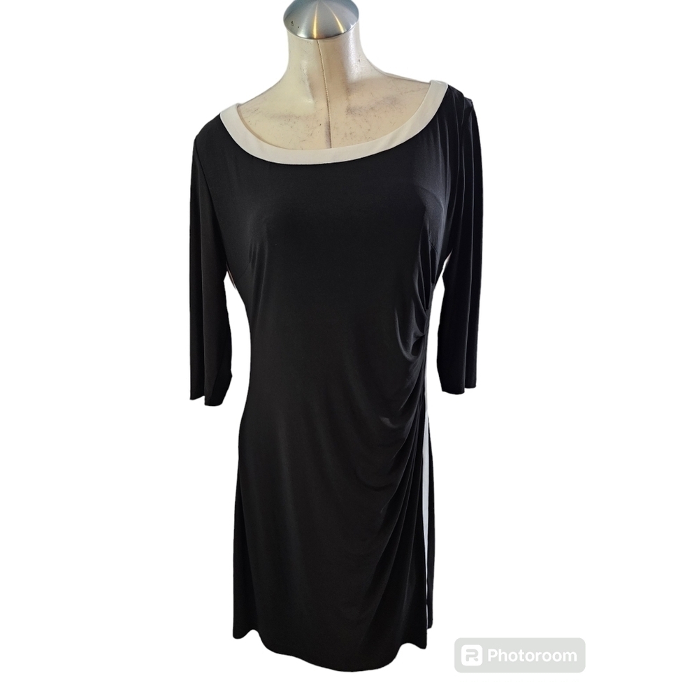 Chaps by Ralph Lauren Size XL Black White Stripe Day to Night Dress Ruching